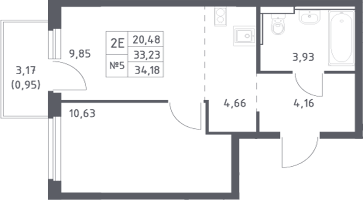 Планировка 2-комнатная 34,18 м²