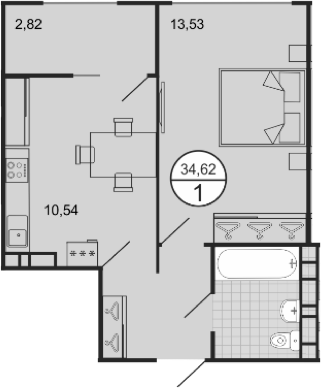 Планировка 1-комнатная 34,62 м²
