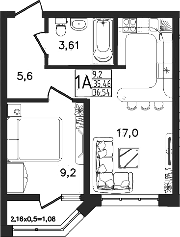 Планировка: 2-комн. квартира 36,5 м²