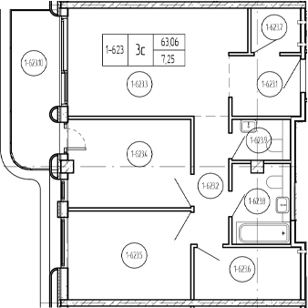 Планировка 3-комнатная 71,43 м²