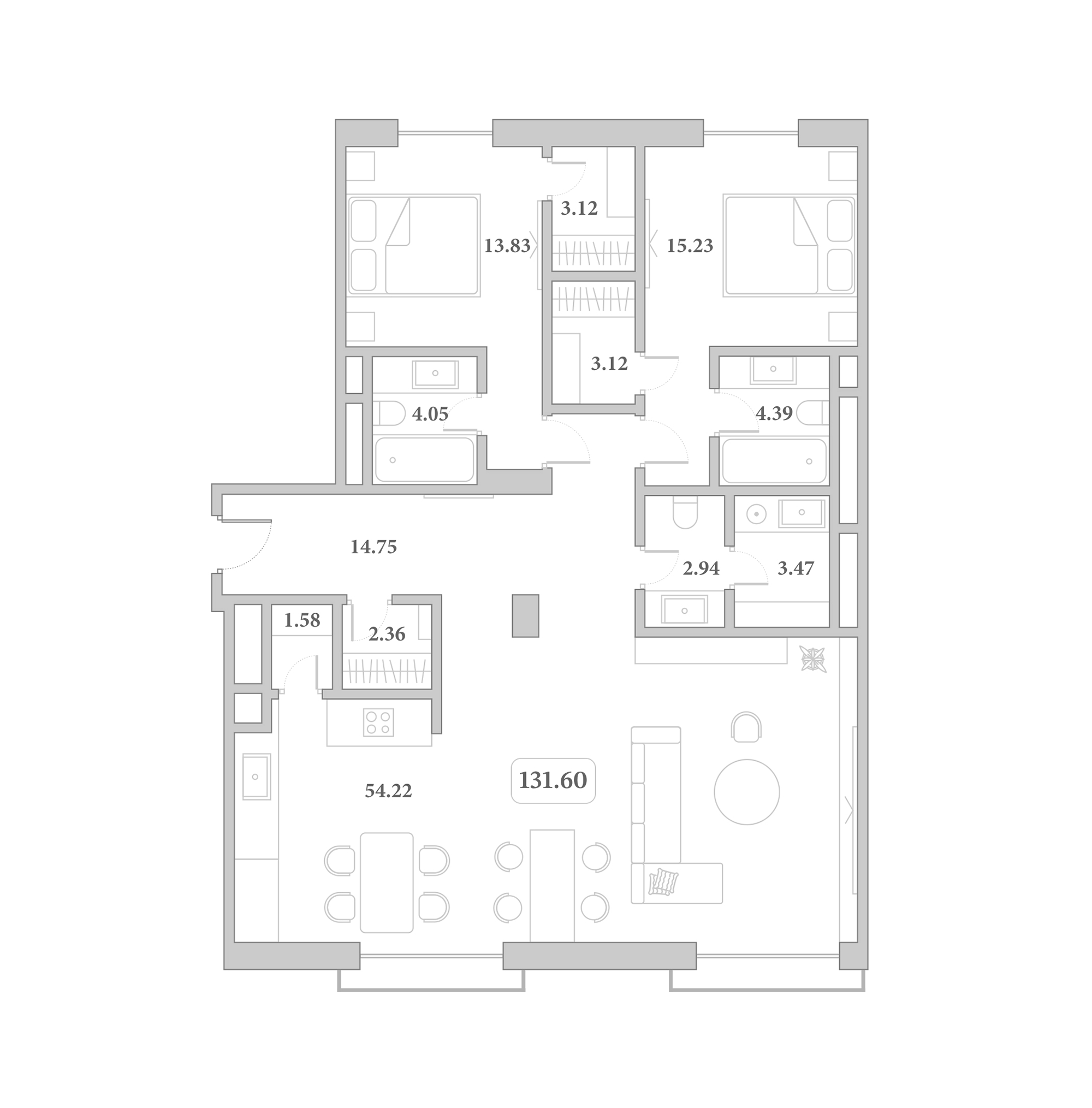 Планировка 3-комнатная 131,6 м²