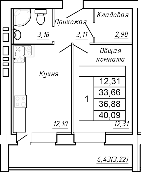 Планировка 1-комнатная 40,09 м²