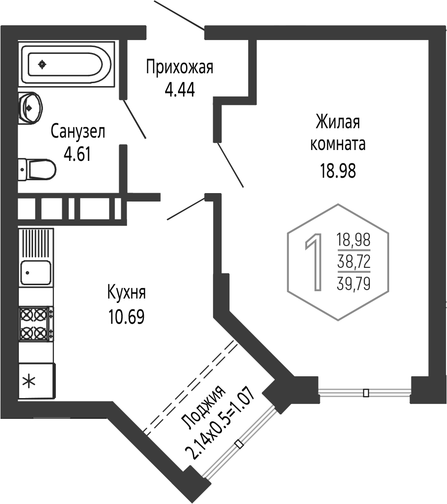 Планировка 1-комнатная 39,79 м²