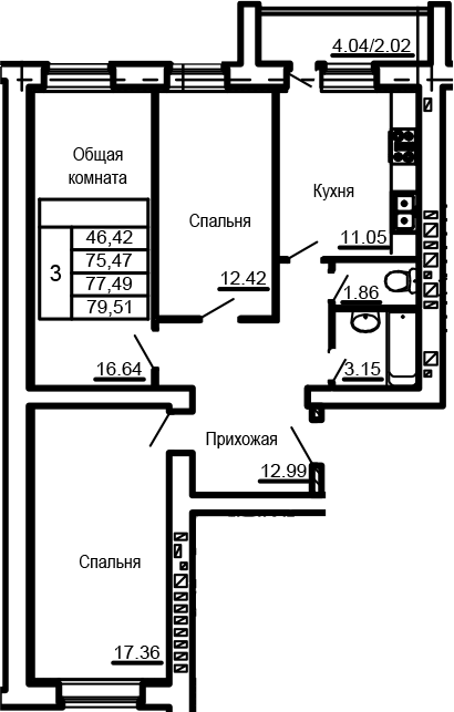 Планировка 3-комнатная 79,51 м²