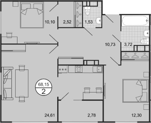 Планировка 3-комнатная 77,25 м²