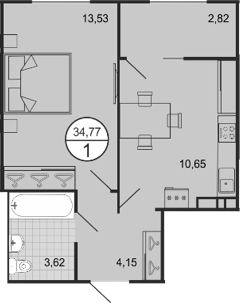 Планировка: 1-комн. квартира 34,8 м²