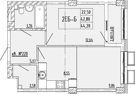 Планировка 2-комнатная 44,2 м²