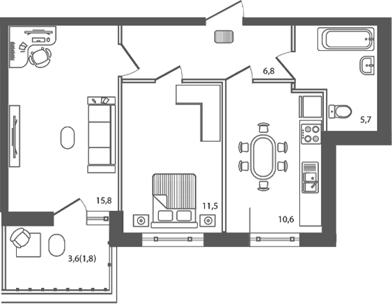 Планировка 2-комнатная 52,2 м²