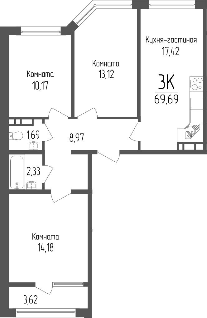 Планировка 3-комнатная 69,69 м²