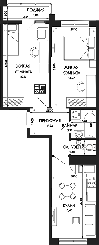 Планировка 2-комнатная 53,79 м²