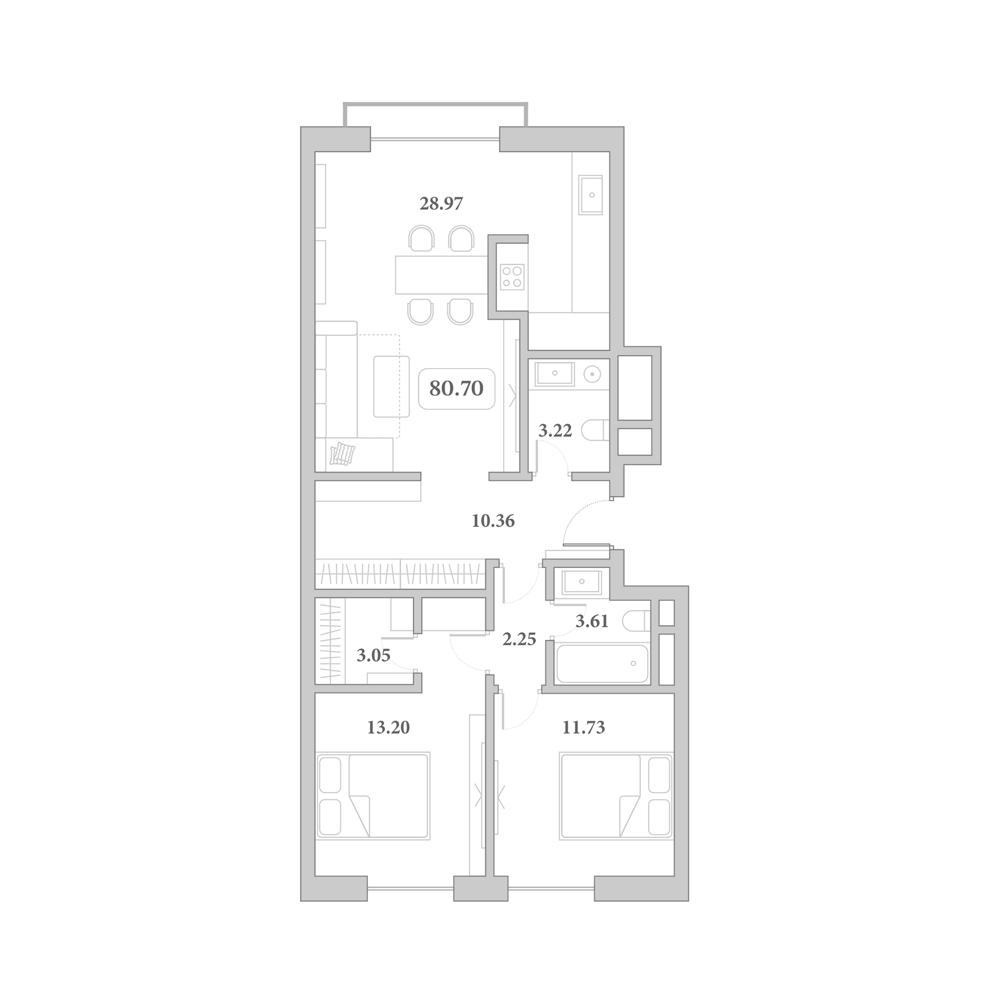 Планировка 3-комнатная 80,7 м²