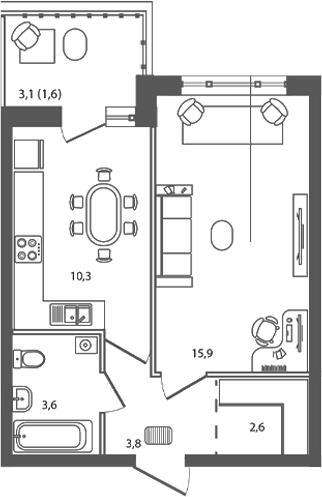 Планировка: 1-комн. квартира 37,8 м²