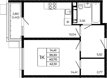 Планировка 1-комнатная 42,1 м²