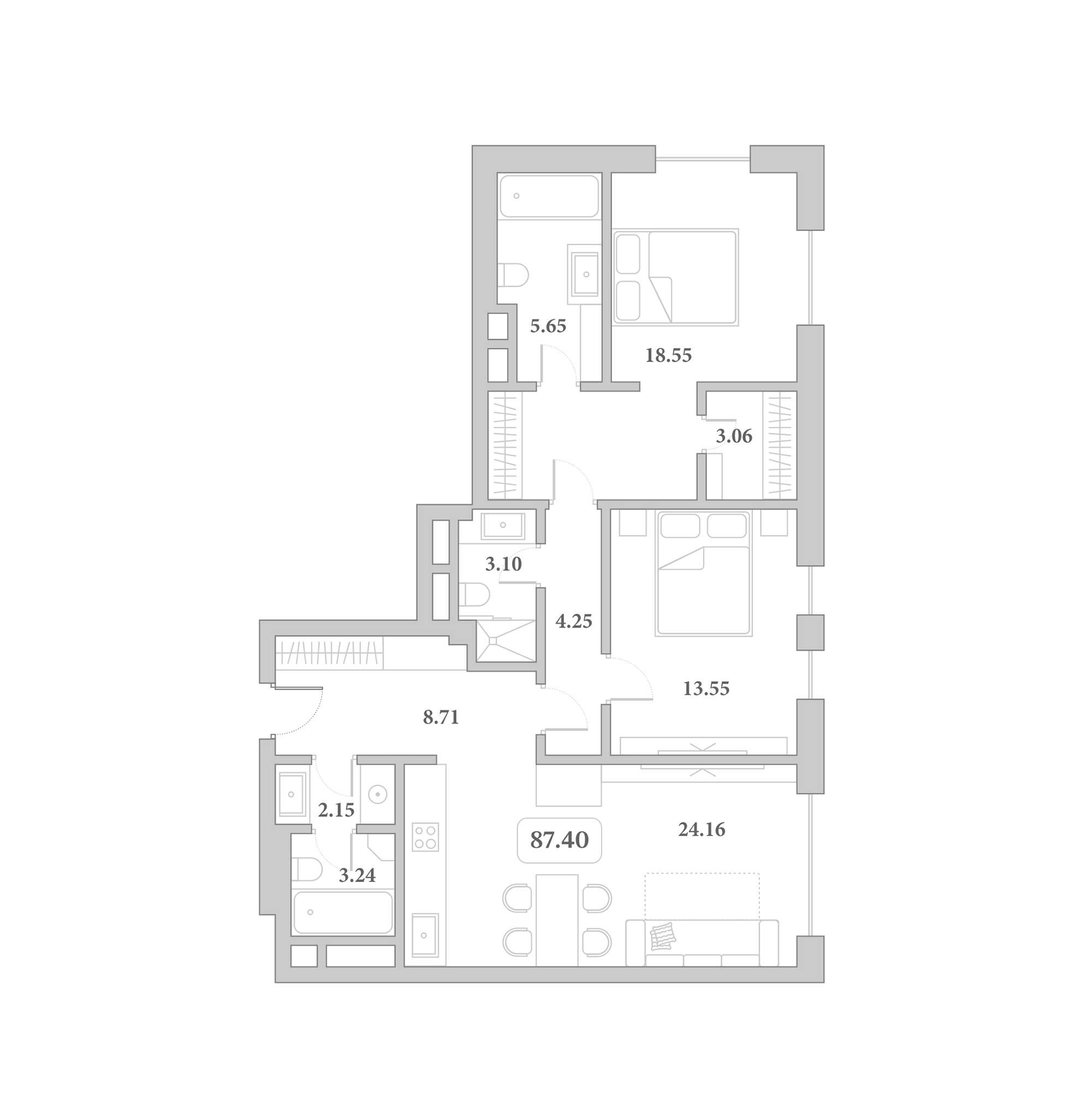 Планировка 3-комнатная 87,4 м²