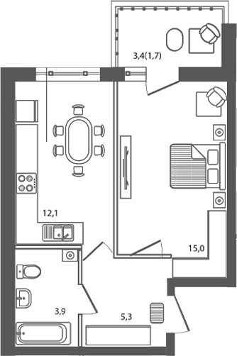 Планировка: 1-комн. квартира 38 м²