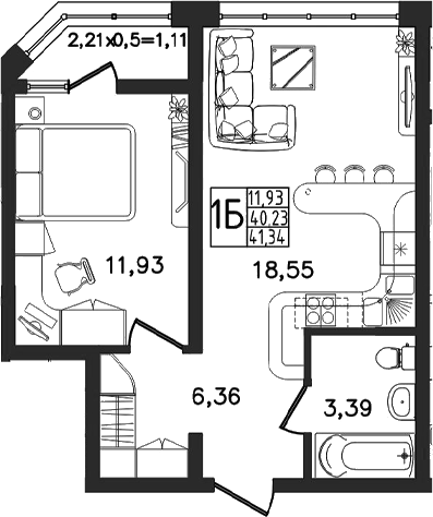 Планировка: 2-комн. квартира 41,3 м²