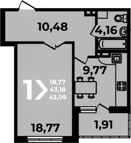 Планировка 1-комнатная 45,09 м²
