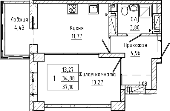 Планировка 1-комнатная 37,1 м²