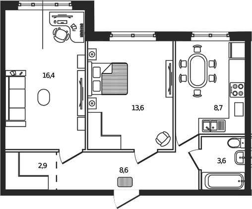 Планировка: 2-комн. квартира 53,8 м²