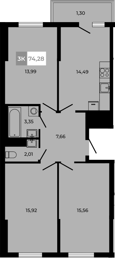 Планировка 3-комнатная 74,28 м²