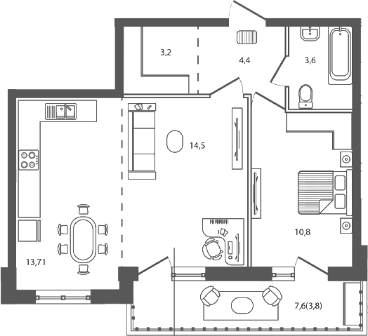 Планировка 2-комнатная 54 м²