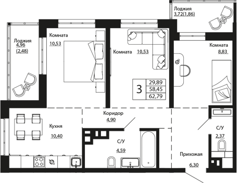 Планировка 3-комнатная 62,79 м²