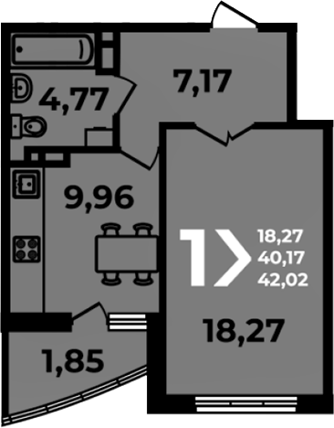 Планировка 1-комнатная 42,02 м²