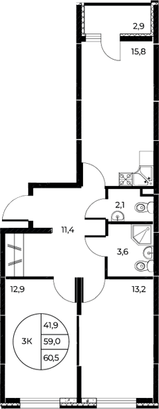 Планировка 2-комнатная 60,3 м²