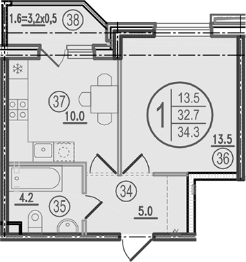 Планировка: 1-комн. квартира 34,3 м²
