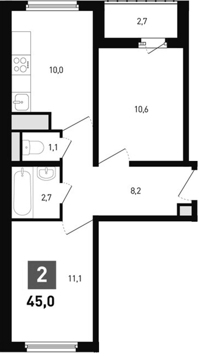 Планировка 2-комнатная 45 м²