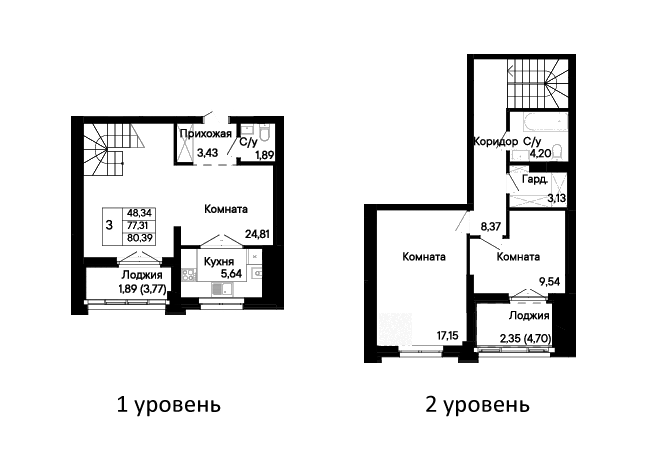 Планировка 3-комнатная 80,39 м²