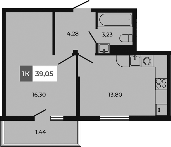 Планировка 1-комнатная 39,05 м²