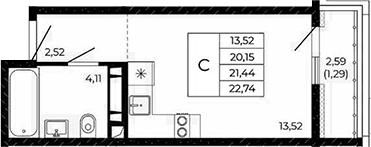 Планировка Студия 22,74 м²