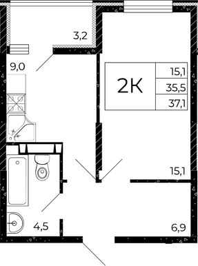 Планировка 2-комнатная 37,1 м²