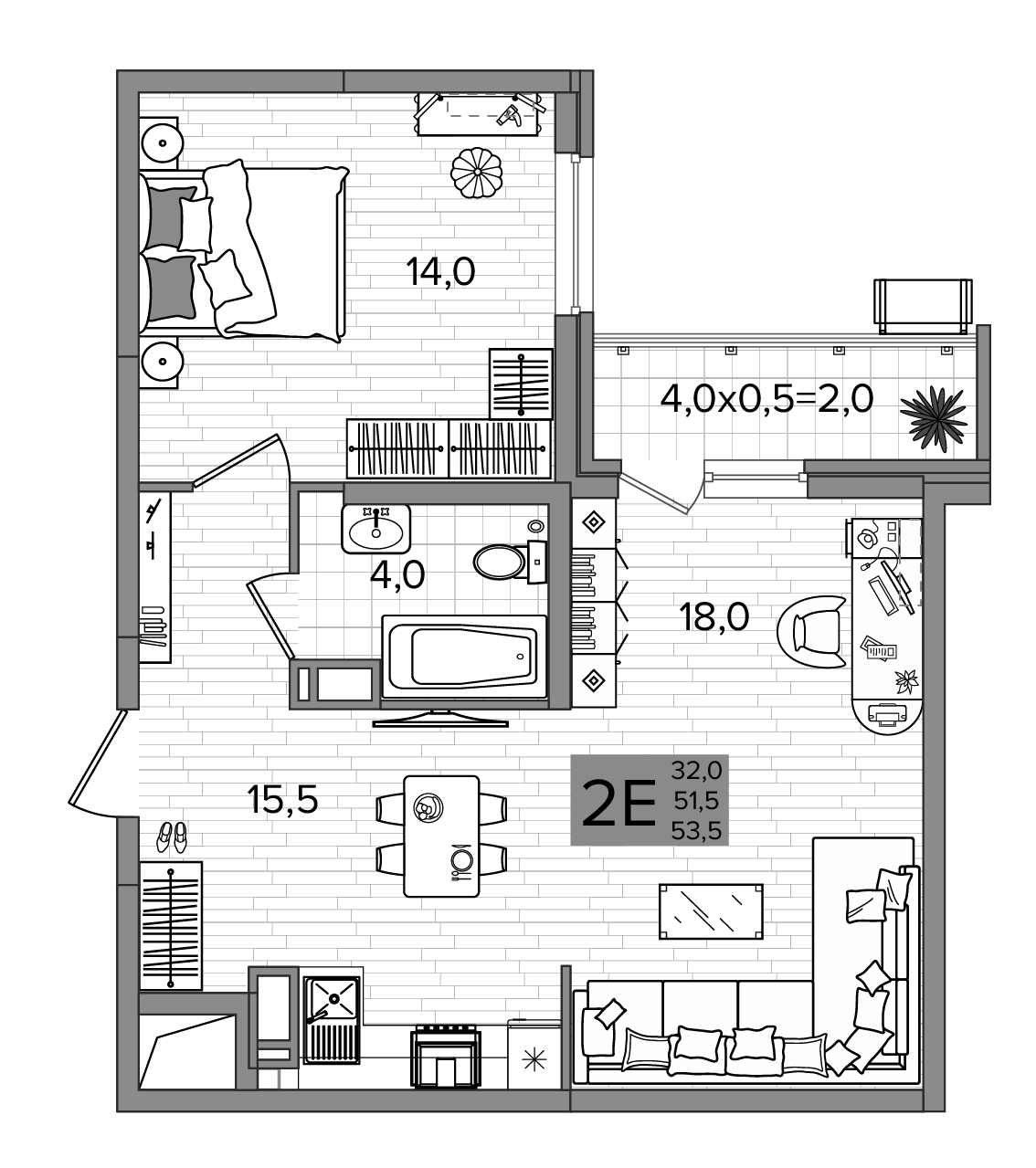 Планировка 2-комнатная 52,35 м²