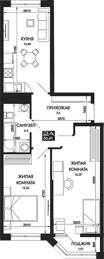 Планировка 2-комнатная 56,41 м²