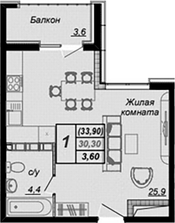 Планировка Студия 33,9 м²
