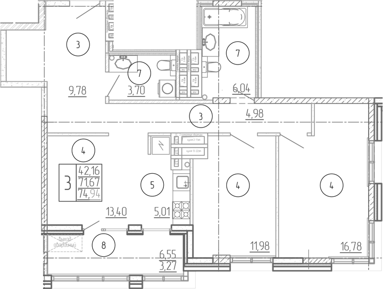 Планировка 3-комнатная 74,94 м²