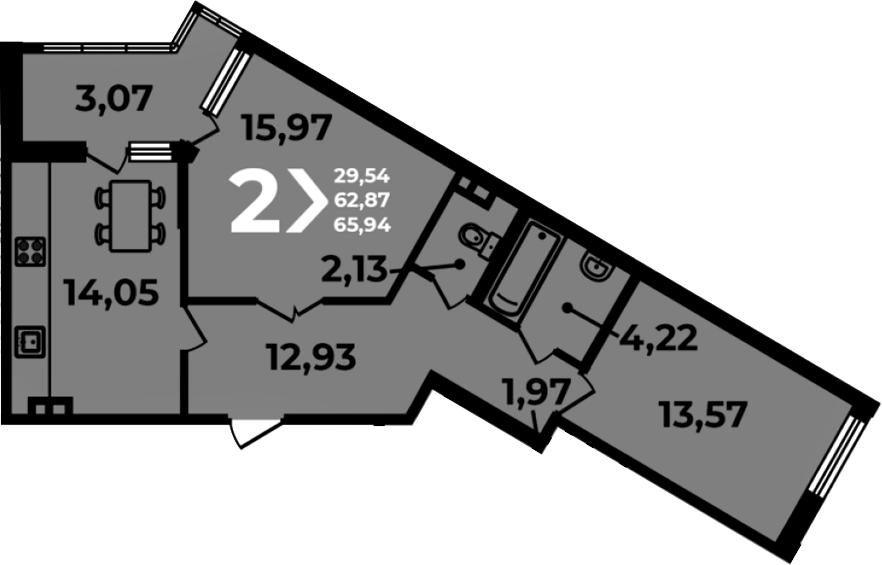 Планировка 2-комнатная 65,94 м²