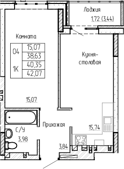 Планировка 1-комнатная 40,35 м²
