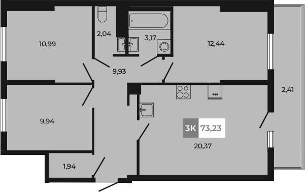 Планировка 3-комнатная 73,23 м²