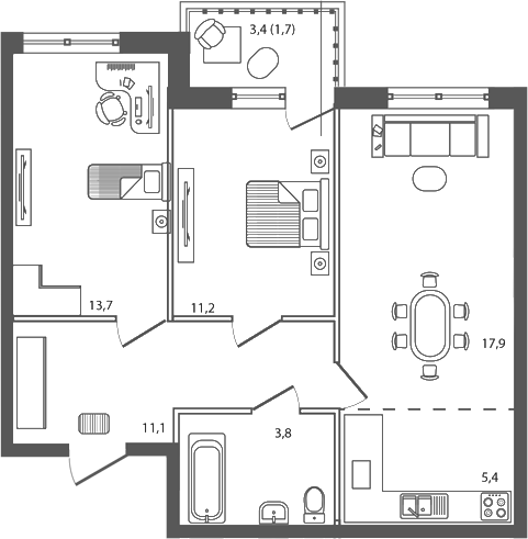 Планировка 3-комнатная 64,8 м²