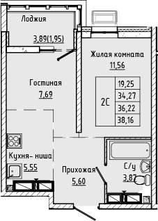 Планировка 2-комнатная 36,22 м²