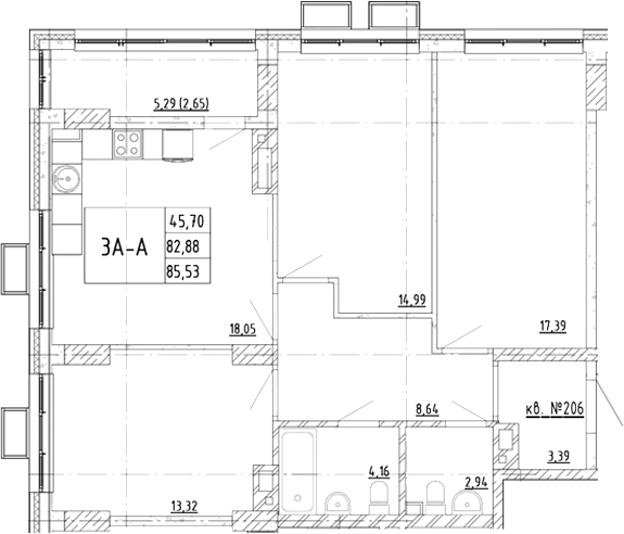 Планировка 3-комнатная 85,53 м²
