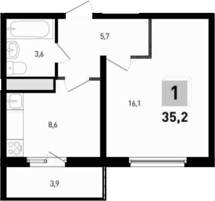 Планировка 1-комнатная 35,2 м²