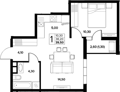 Планировка 1-комнатная 39,5 м²