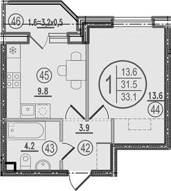 Планировка: 1-комн. квартира 33,1 м²