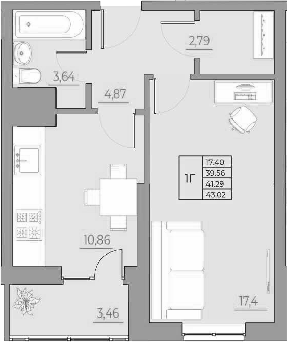 Планировка 1-комнатная 43,02 м²