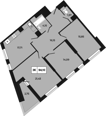Планировка 3-комнатная 94,1 м²