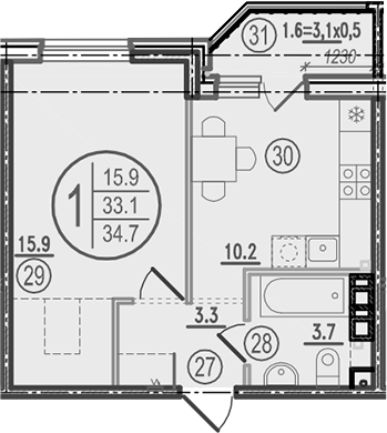 Планировка 1-комнатная 34,7 м²